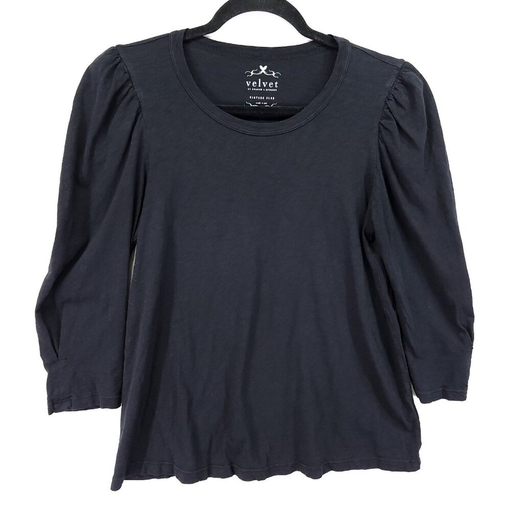 VELVET Graham & Spencer Angelina Black Top Small Pleated Quarter Puff Sleeve
